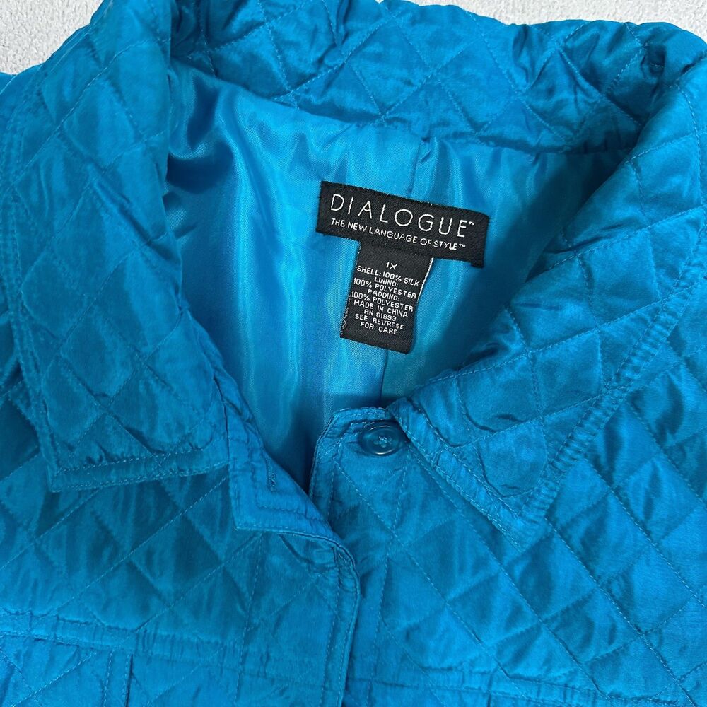 Dialogue Quilted Jacket Womens 1X Tourquoise Silk Button Up Diamond Pattern - Picture 2 of 12